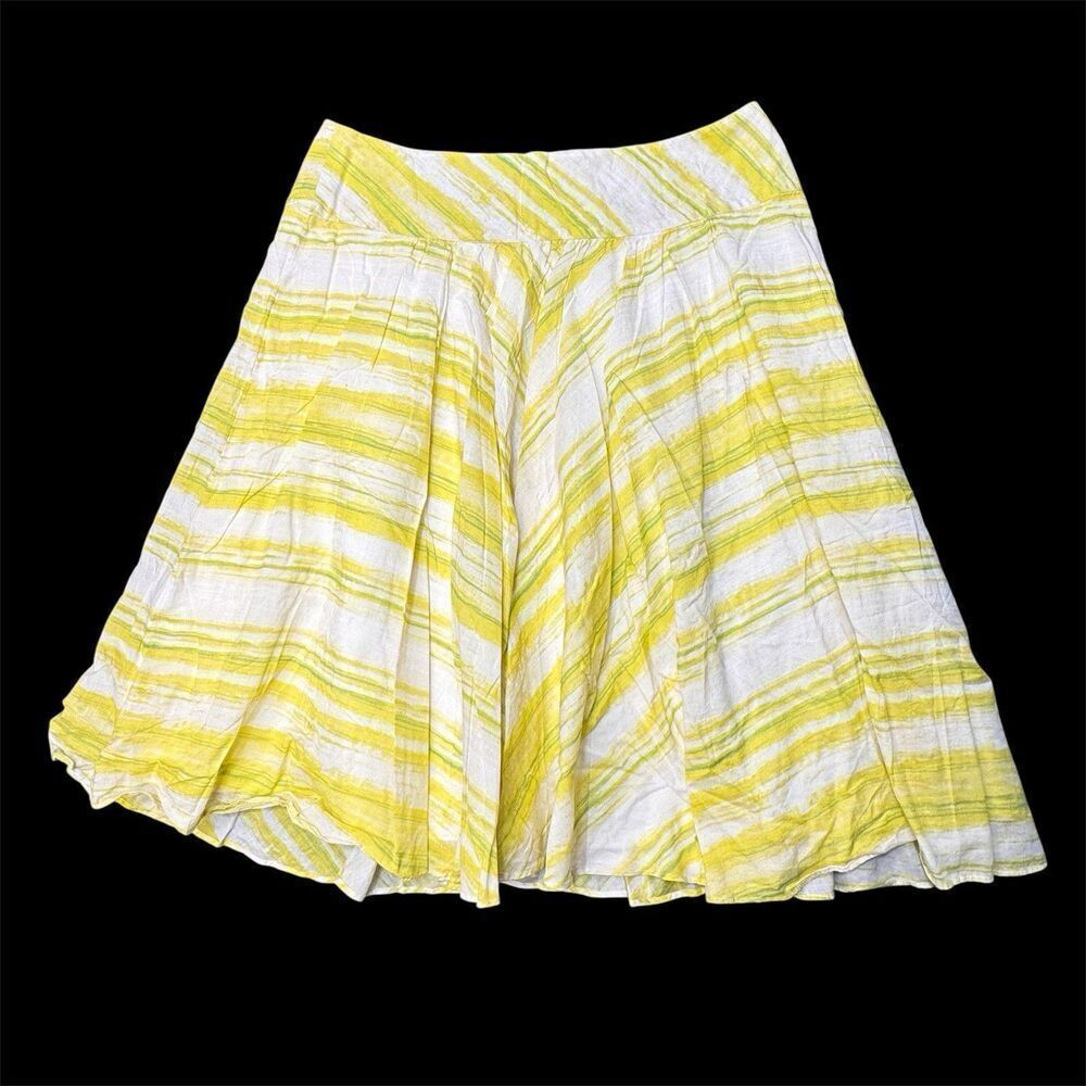 TALBOTS Sz 12 Skirt 100% Cotton Lime Green White Pleated A-line Lined Airy Beach